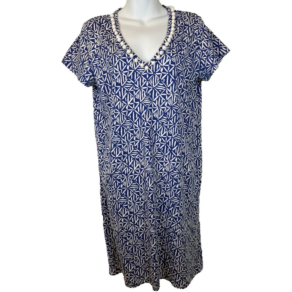 Lilly Pulitzer Jan Dress M Blue White In High Spirits Pima Cotton Pom Pom V-Neck